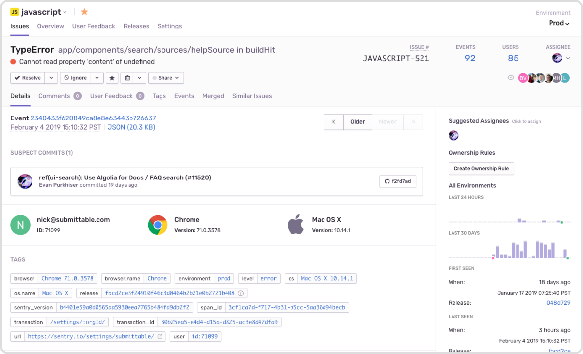 Sentryの公式サイトトップ画面：エラーイベントの収集・解析サービスの概要