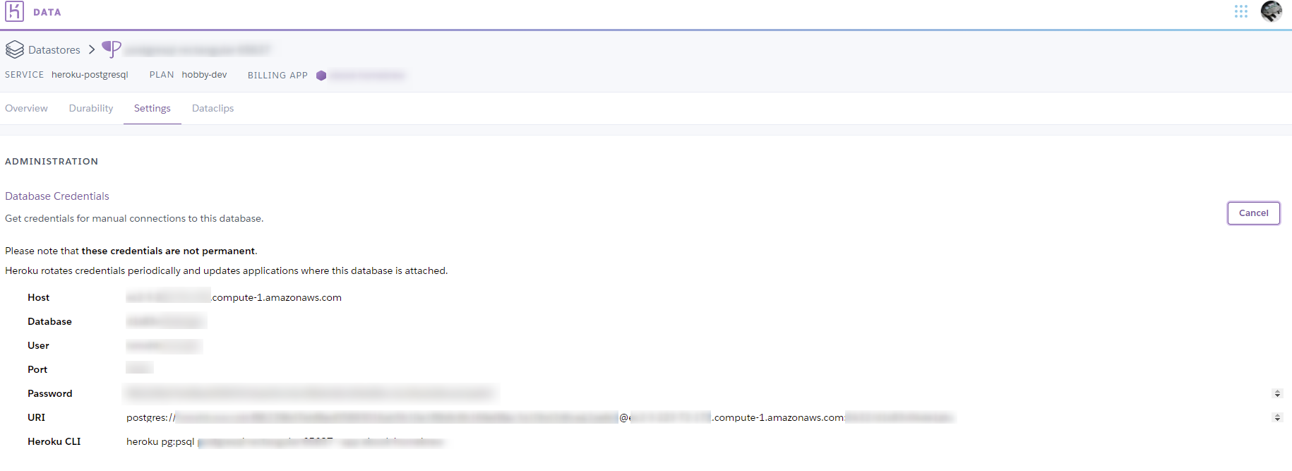 Heroku PostgreSQLの接続情報を確認するCredentials画面